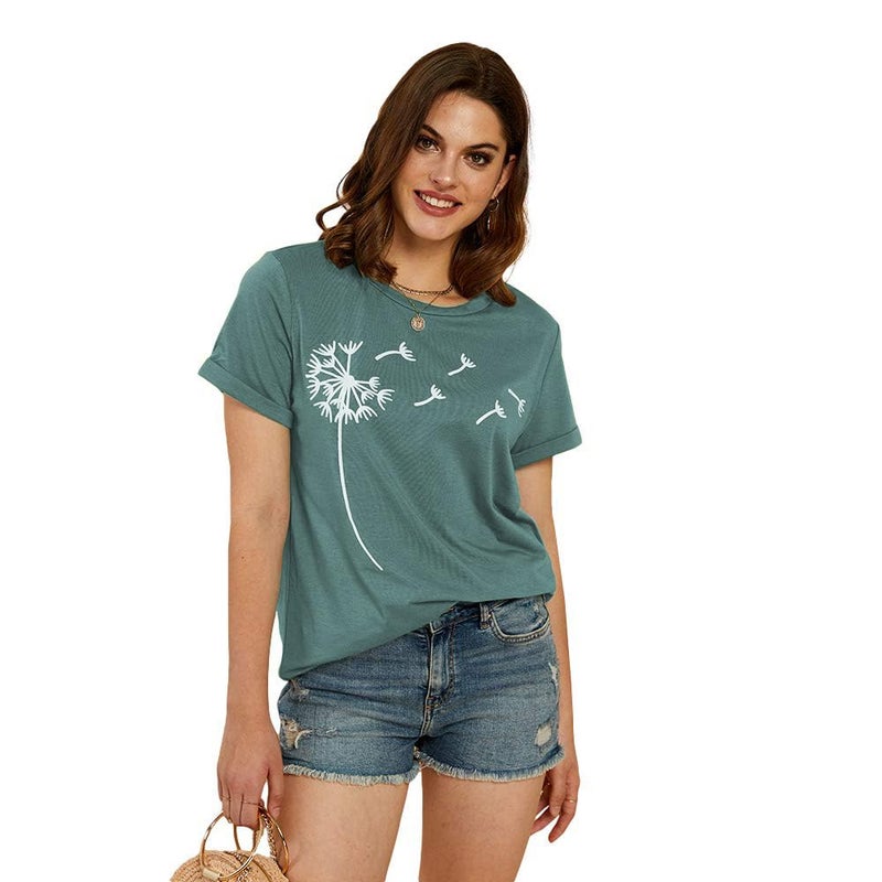 Cicy Bell Women's Dandelion Print T Shirts Cute Graphic Tees Short Sleeve Summer Cotton Tee Tops Green - Image 3